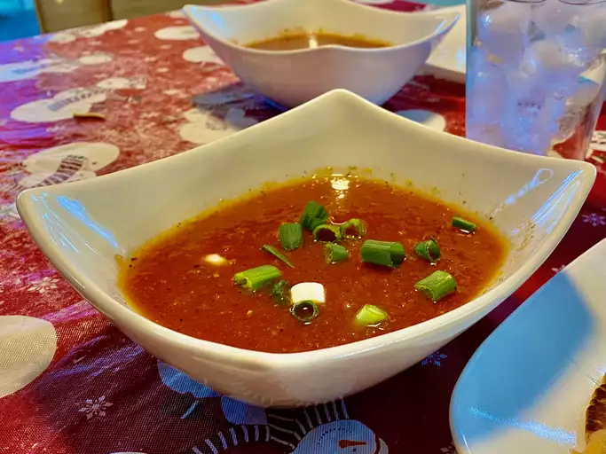 Picture of warm tomato soup in a bowl